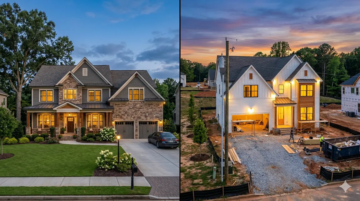 Gemini said A split-screen view contrasting a finished, landscaped luxury home at dusk (left) with a modern farmhouse under active construction at a raw lot (right).