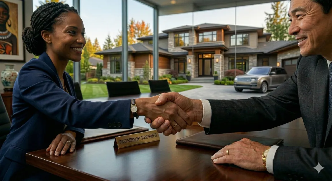 A diverse business couple shakes hands over a conference table to confirm a real estate partnership, evidenced by the large, modern home visible through the window behind them.
