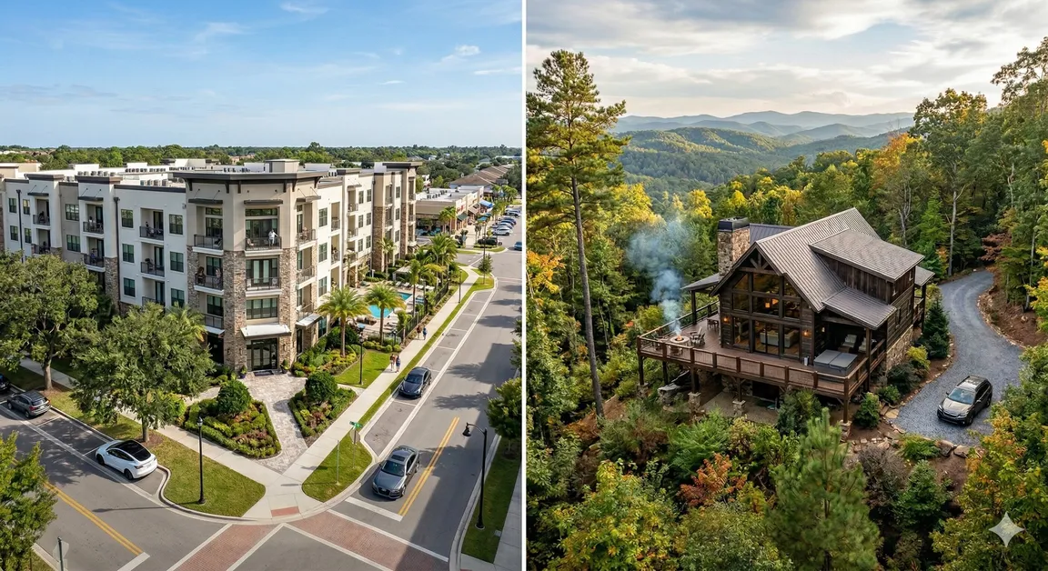 A split-screen view contrasting a modern, urban apartment complex next to a rustic, isolated mountain cabin, emphasizing diverse residential styles.