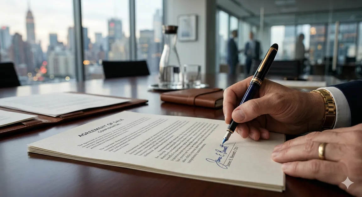 Gemini said A close-up photograph of a person signing an agreement in a high-rise office building during daytime.