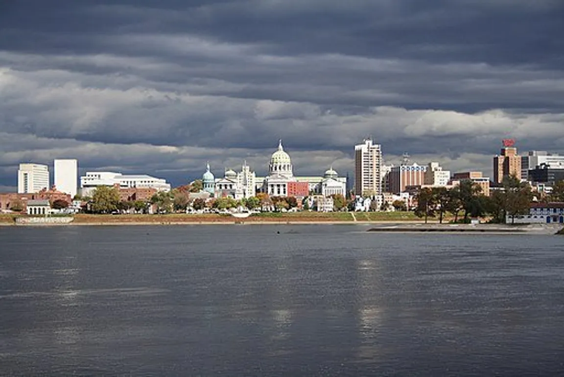 Downtown Harrisburg and the Pennsylvania State Capitol Building as seen from Cumberland County, across the Susquehanna River
