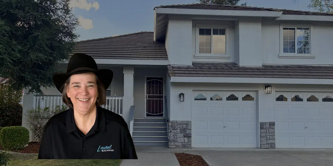 Laurel Buys Houses | Laurel Sagen pictured in front of a charming, two story home with a red door.