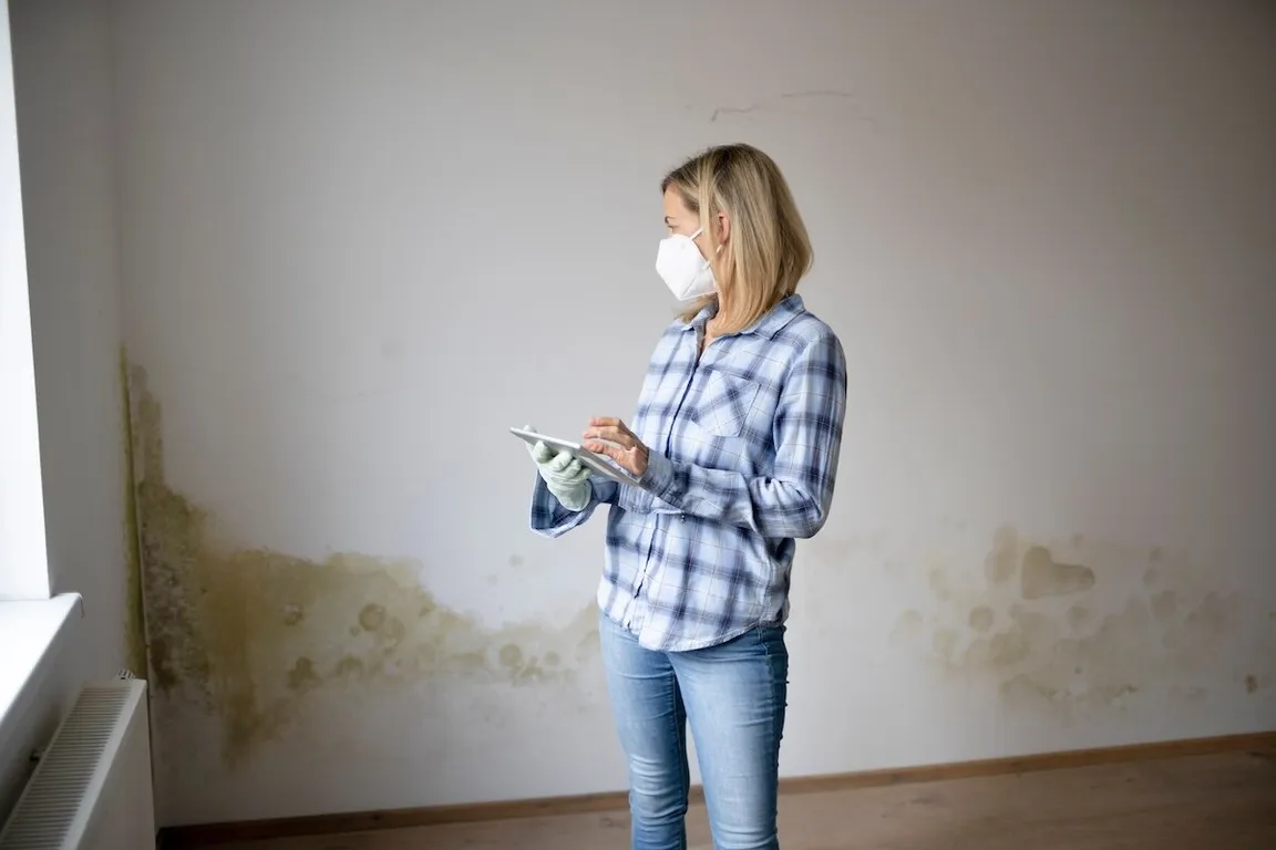 woman with mask standing in moldy house