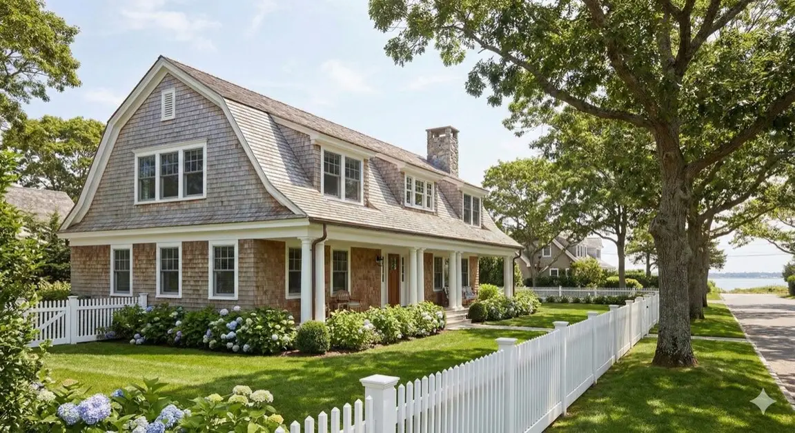 Shingle style coastal home behind a white picket fence near the shoreline