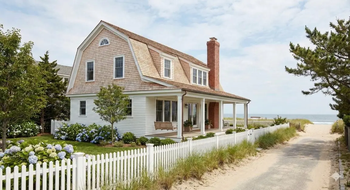 Shingle style coastal home behind a white picket fence with a sandy path to the beach