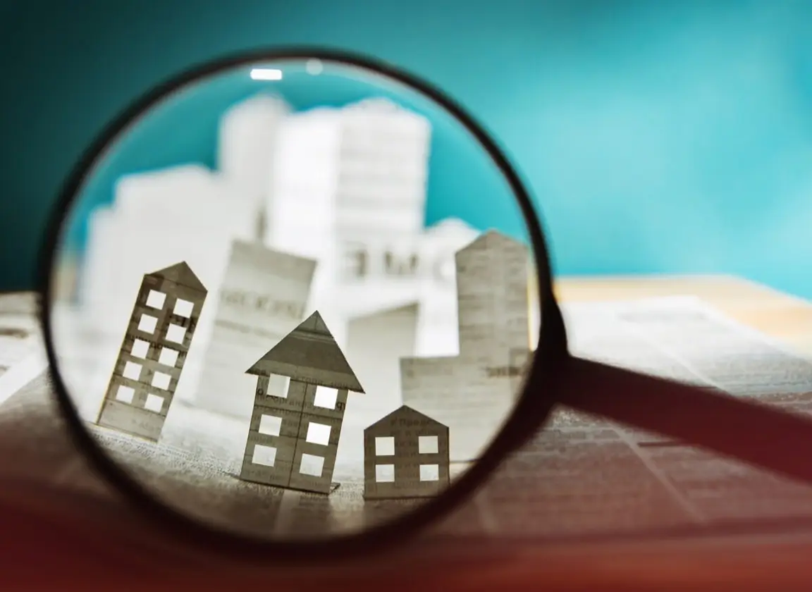 Magnifying glass held over small paper house models