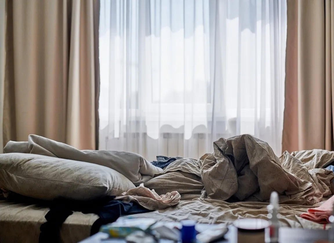 Cluttered bed piled with blankets and belongings in a dim room
