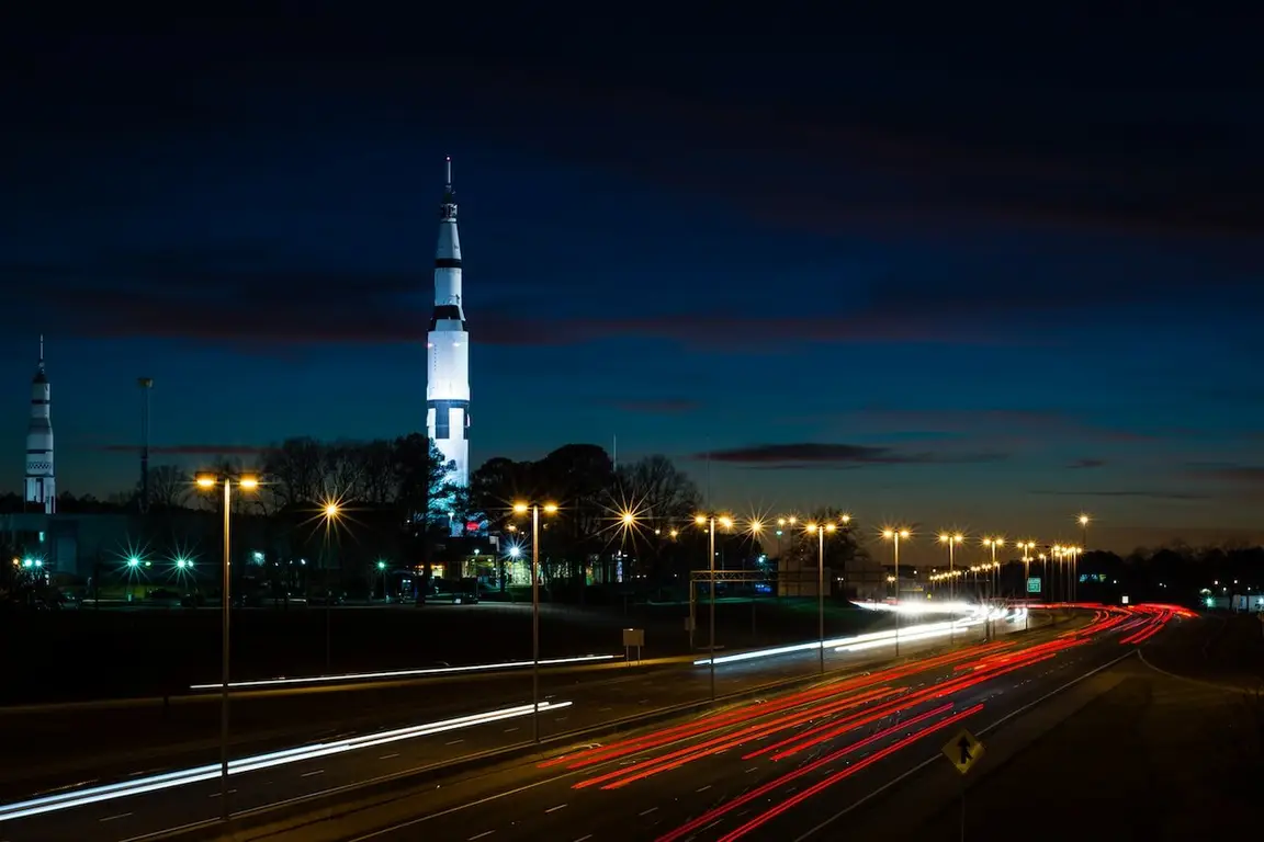 Huntsville City at night with Marshall Space Flight Center visible in the background