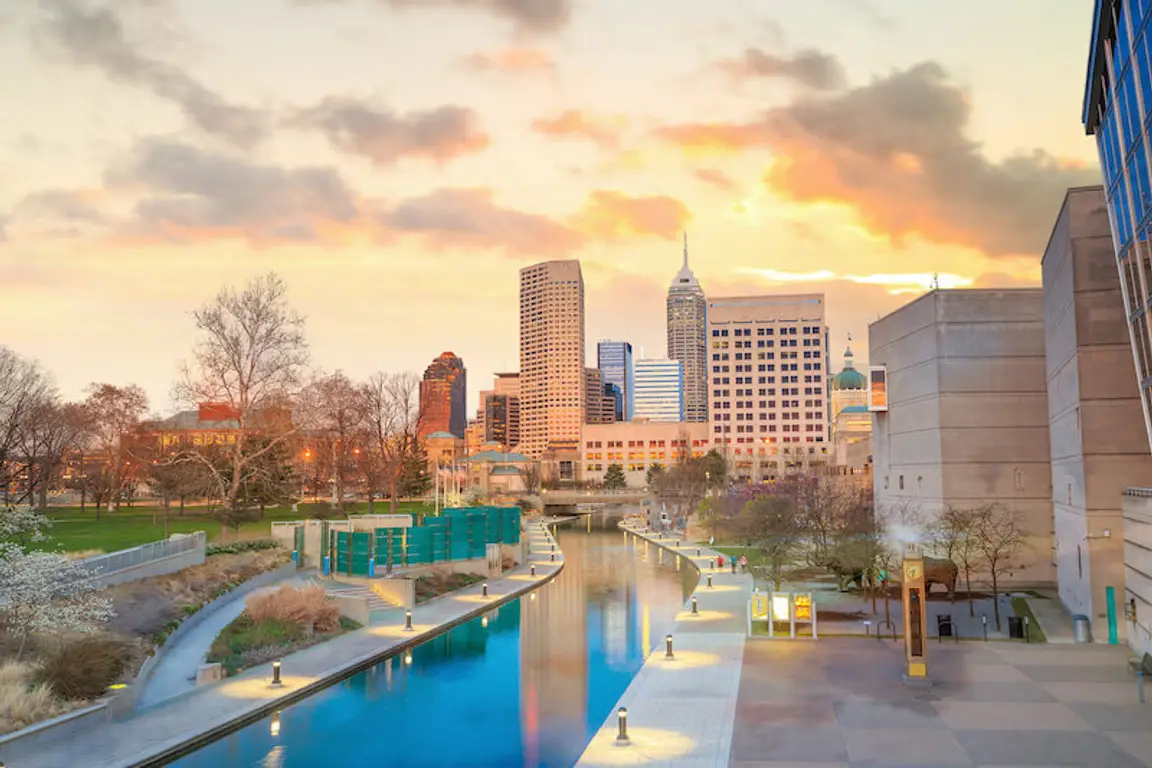 Downtown Indianapolis skyline at twilight
