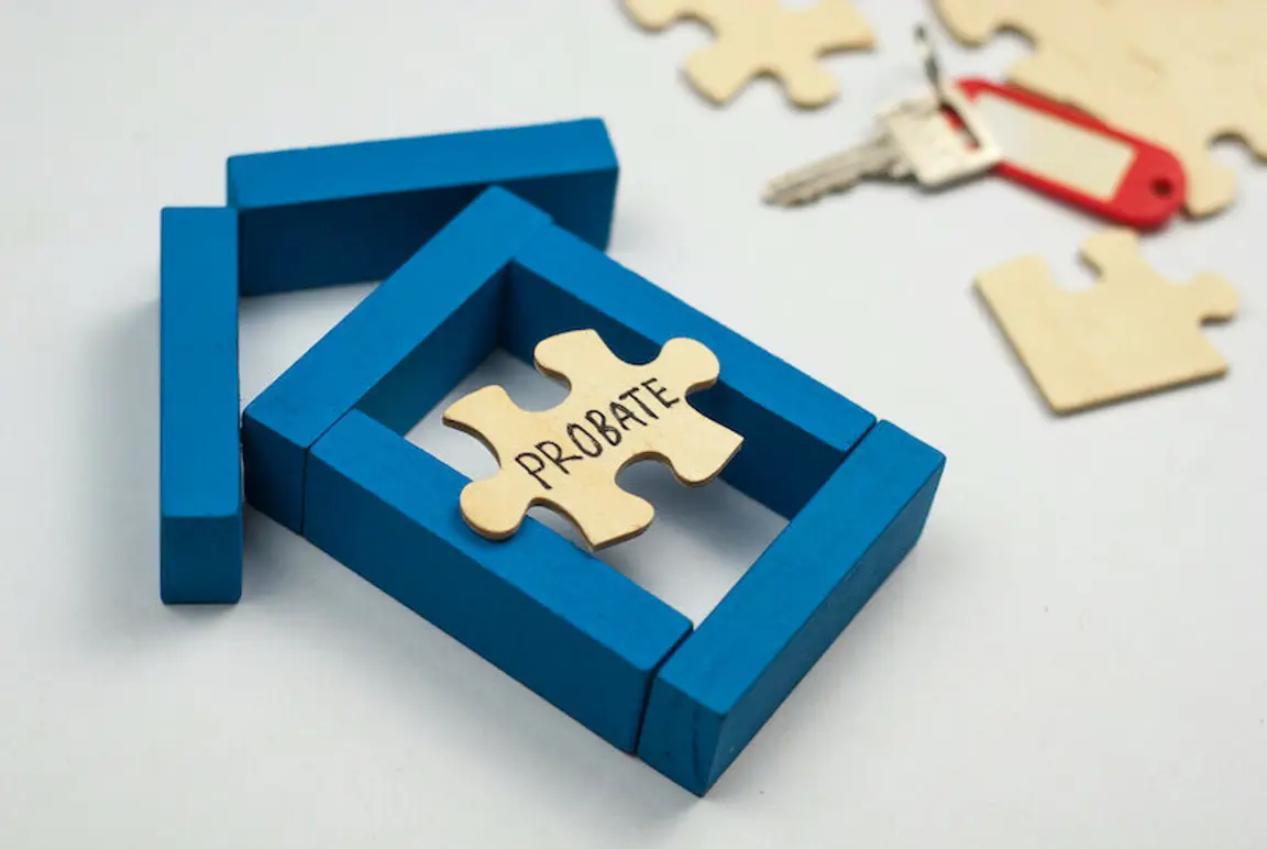 Model house made from wooden block and wooden puzzle with text probate on white background