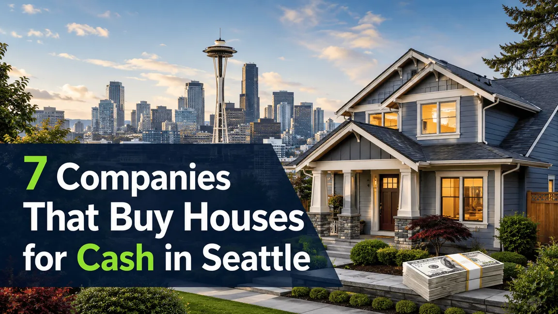 Seattle, washington home with city skyline and cash stack, featured image for a blog about 7 companies that buy houses for cash in Seattle.