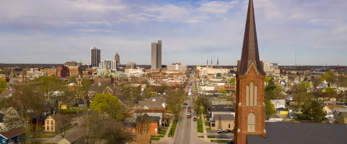 Aerial view over the downtown city skyline of Fort Wayne Indiana