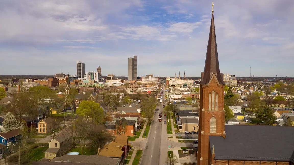 Aerial view over the downtown city skyline of Fort Wayne Indiana
