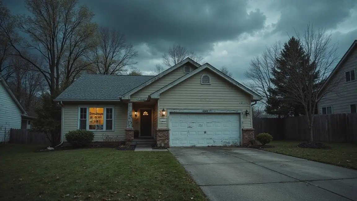 a house that has seen better days with lights on inside and storm clouds overhead