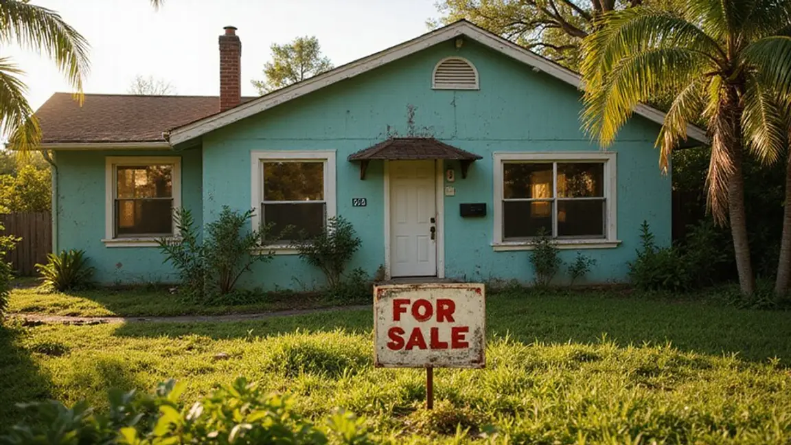 a turquoise foreclosed house with long lawn and a for sale sign in front