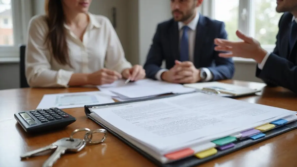 people negotiating in an office with a binder, calculator and keys on the table in front of them