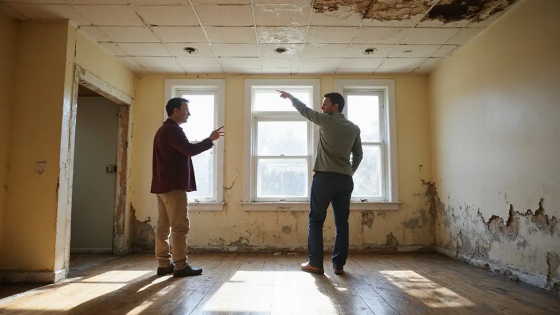two people inside a room discussing selling a house while pointing out areas of damage