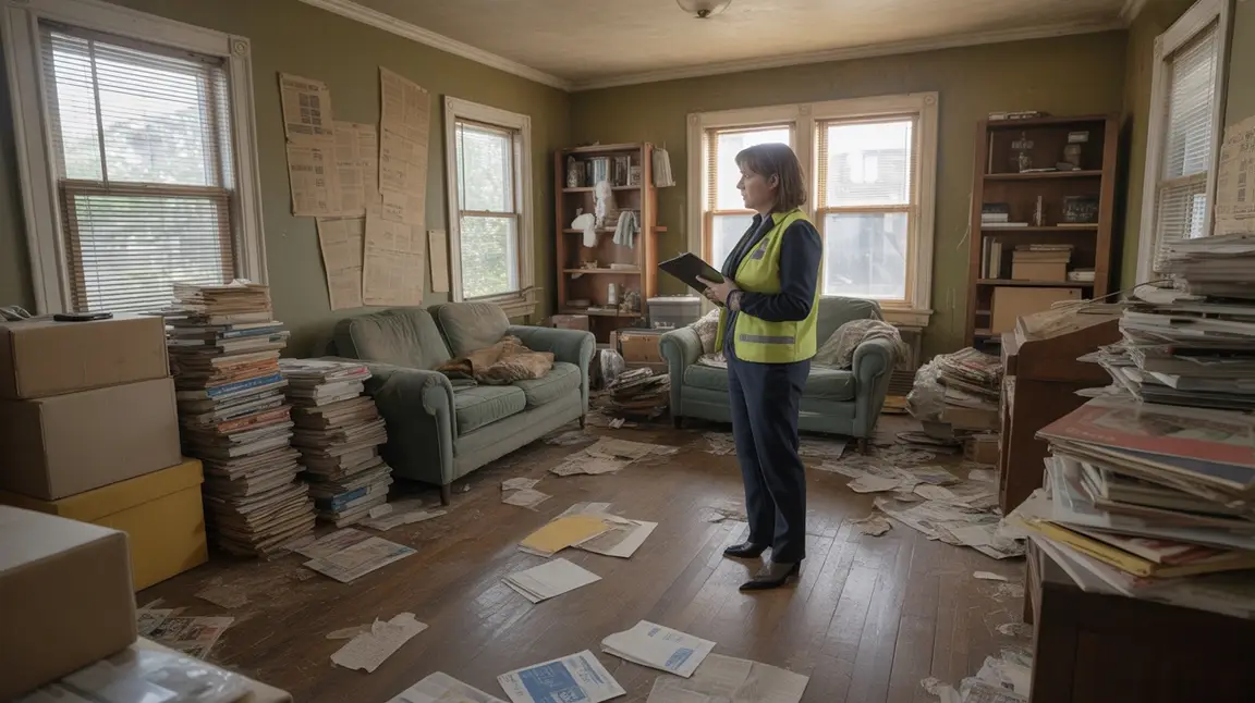a person in high vis assessing a hoarder house
