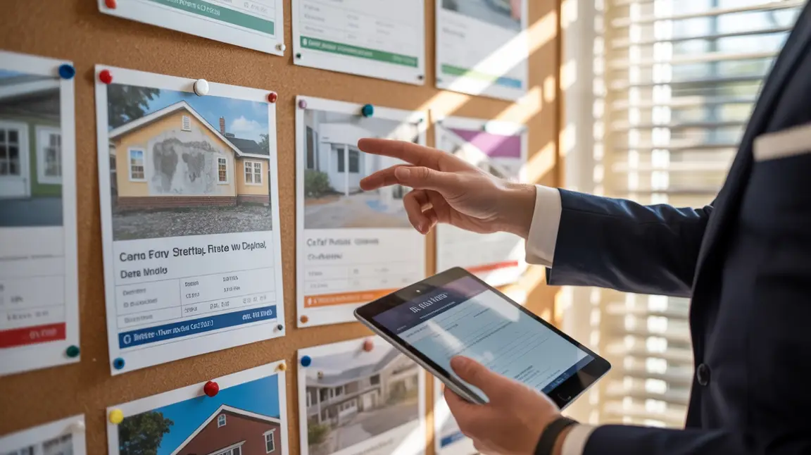 a person in a suit holding a mobile tablet and pointing at real estate listings on a cork board