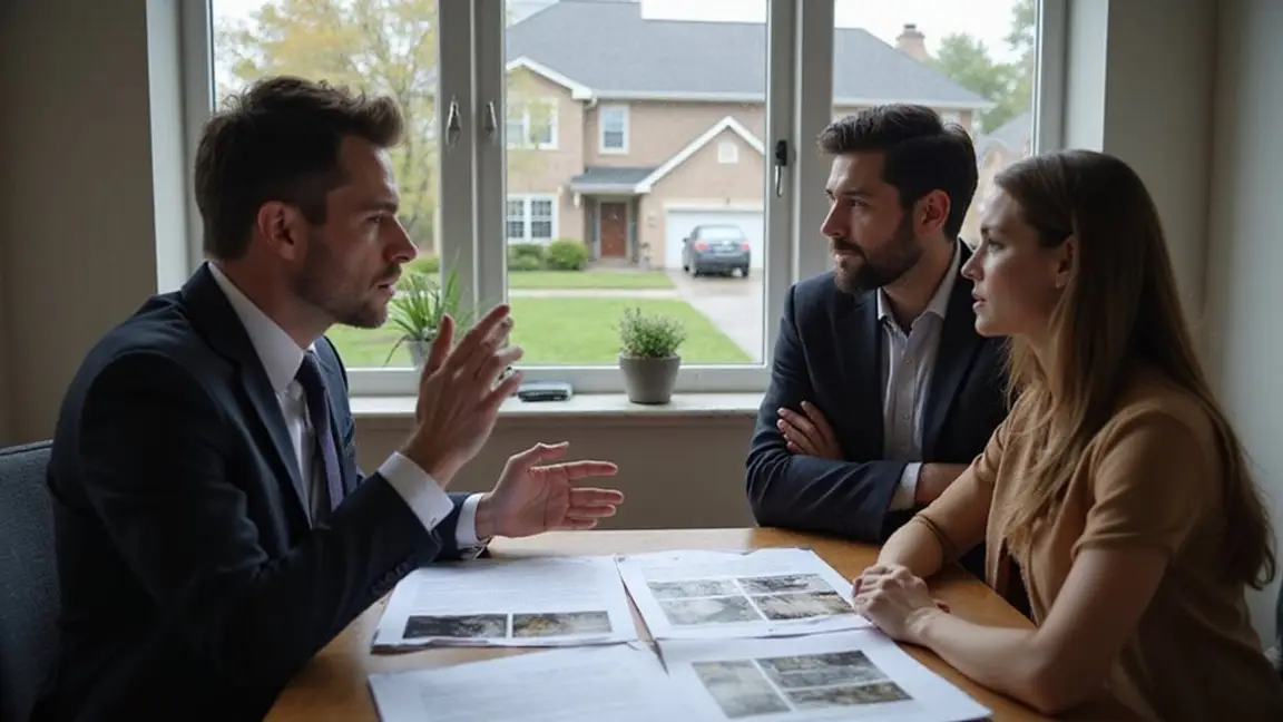 on person in a suit and tie discussing housing options from the presentation in front of him to a well dressed couple at the dining table with a house visible through a large window
