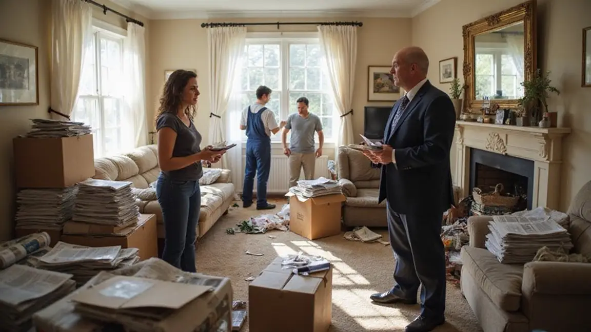 two people negotiating the sale of a messy house while two others discuss in the background