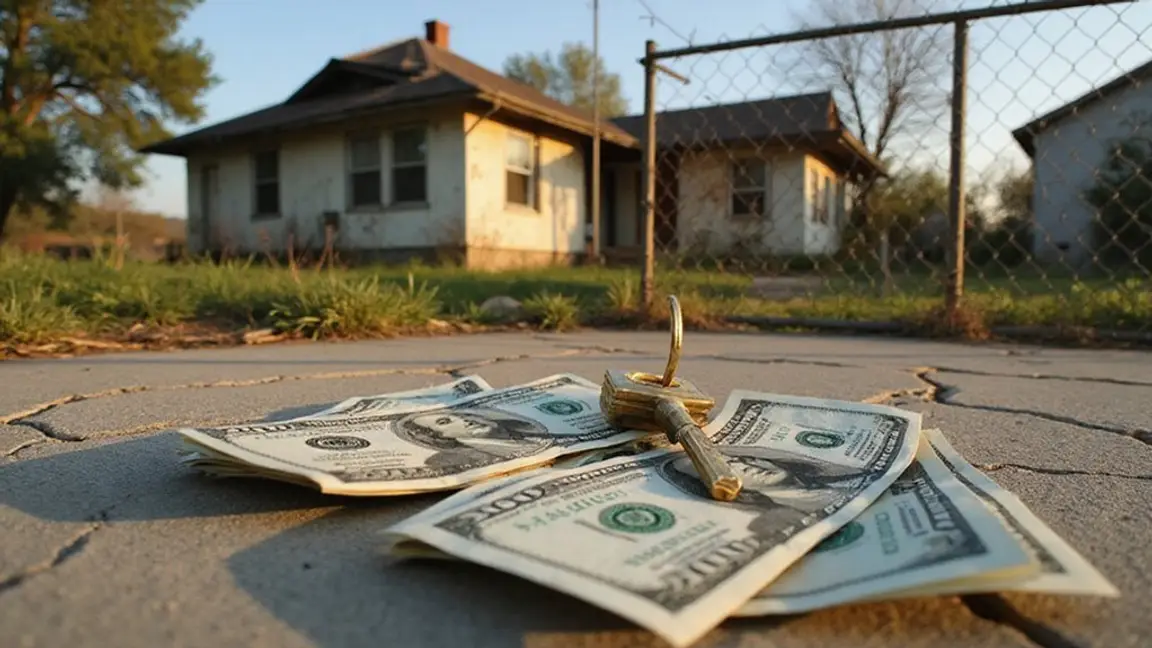 an old house with what appears to be thrown away cash in front of it