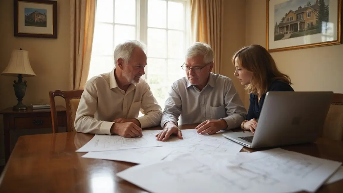 two older gentlemen discussing plans with an open laptop in front of them and the daughter of one of them listening intently