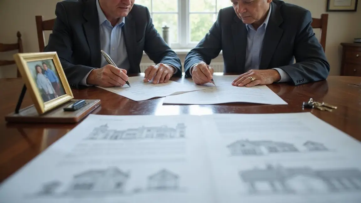 two people writing on contracts at a desk with house plans in front of them