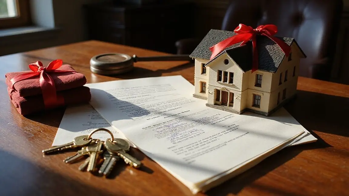 a miniature house sitting on a desk, holding a contract in place with keys to the side