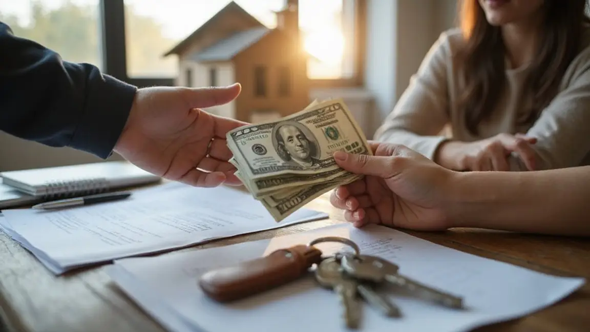 one person handing over cash to another, while a third sits in the background next to a model house. Keys are in the foreground