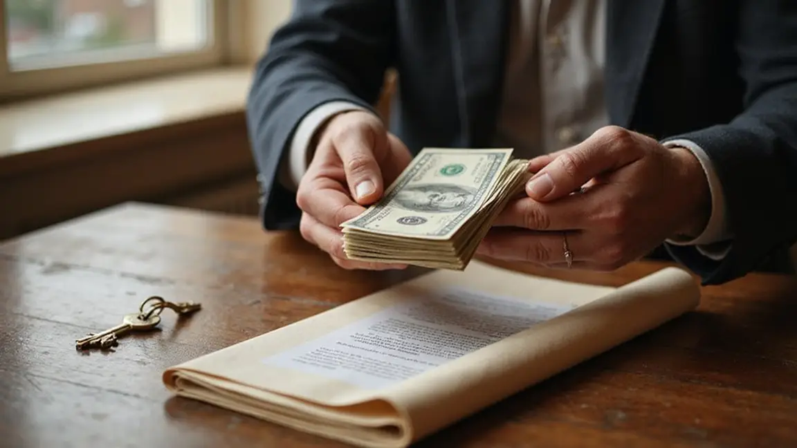 a well dressed person holding a stack of cash over an old contract on a desk