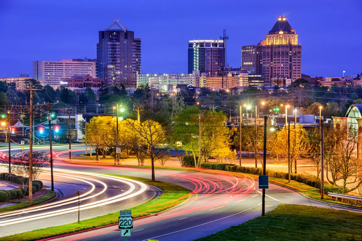 Greensboro, NC skyline at dusk