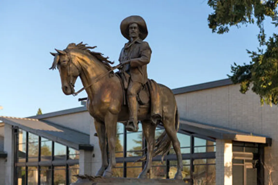 Bronze statue of a person in a wide-brimmed hat riding a horse.