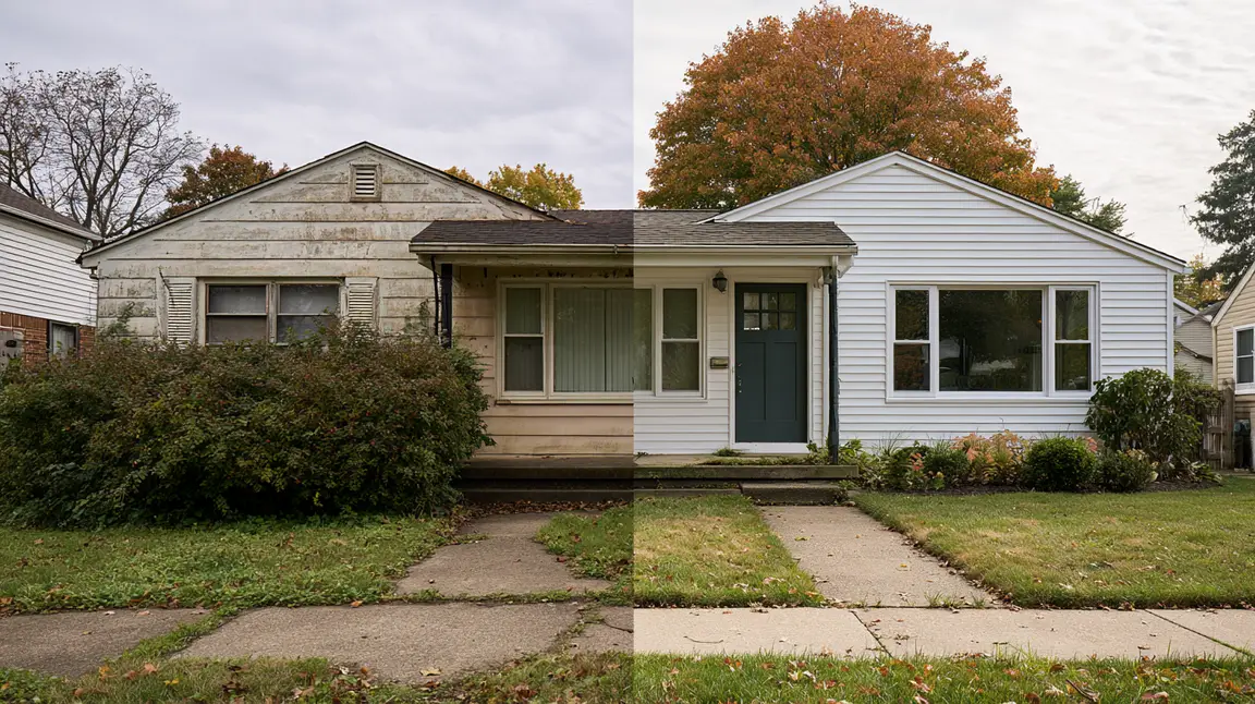 Illustrative before-and-after comparison of an older Ohio house before and after exterior renovations.
