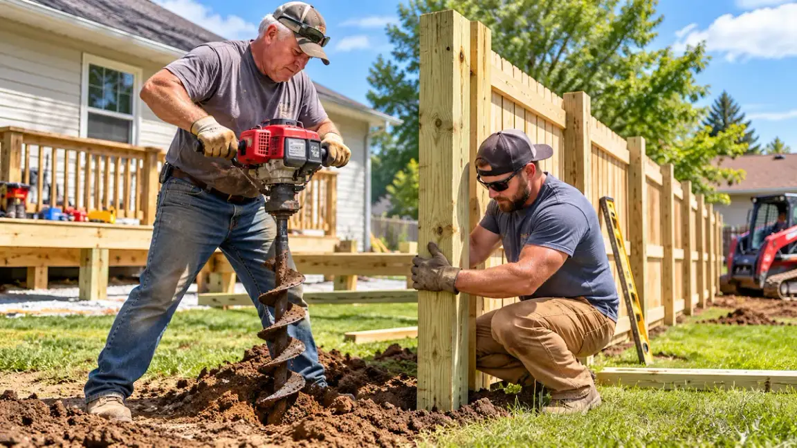 Two workers installing a wooden privacy fence at a residential property, using a post-hole auger and setting fence posts during an exterior home improvement project.