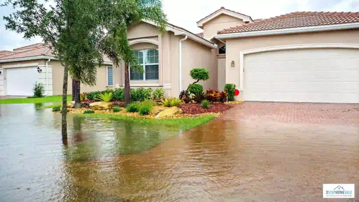 Florida home with flooding in the front yard and driveway.