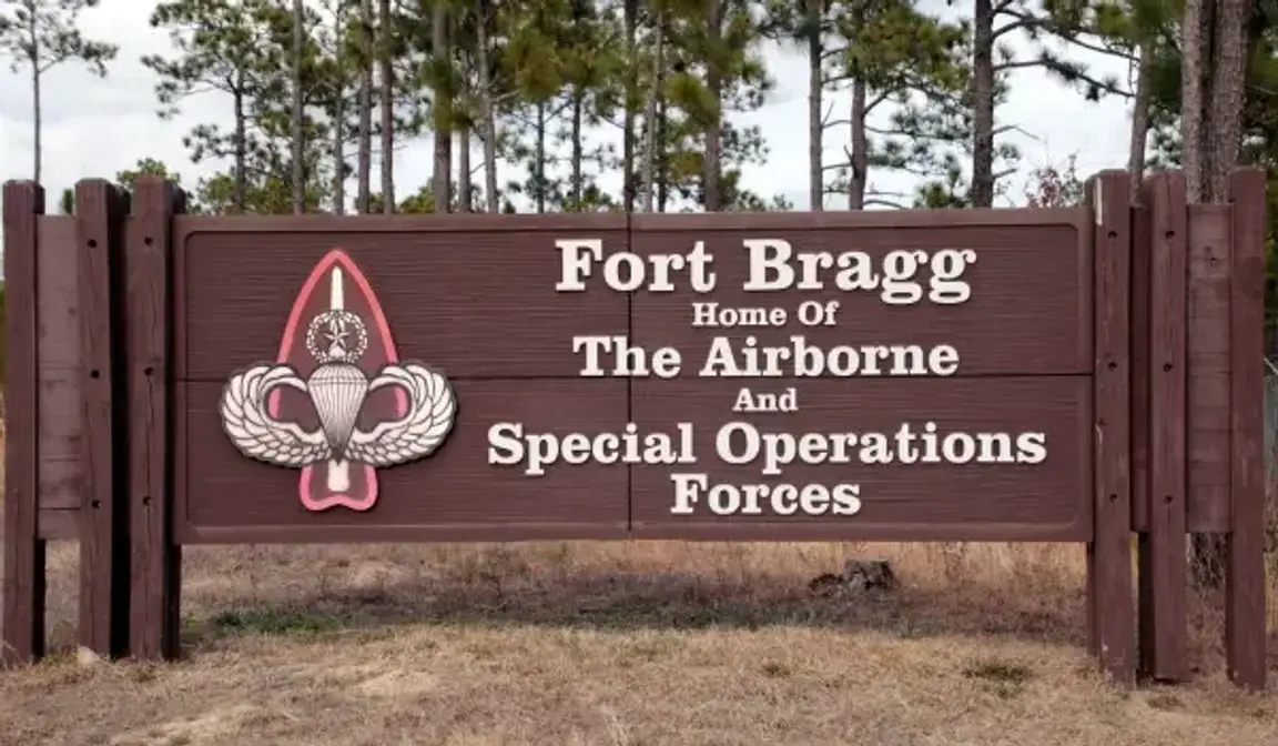 Fort Bragg military base sign in North Carolina.