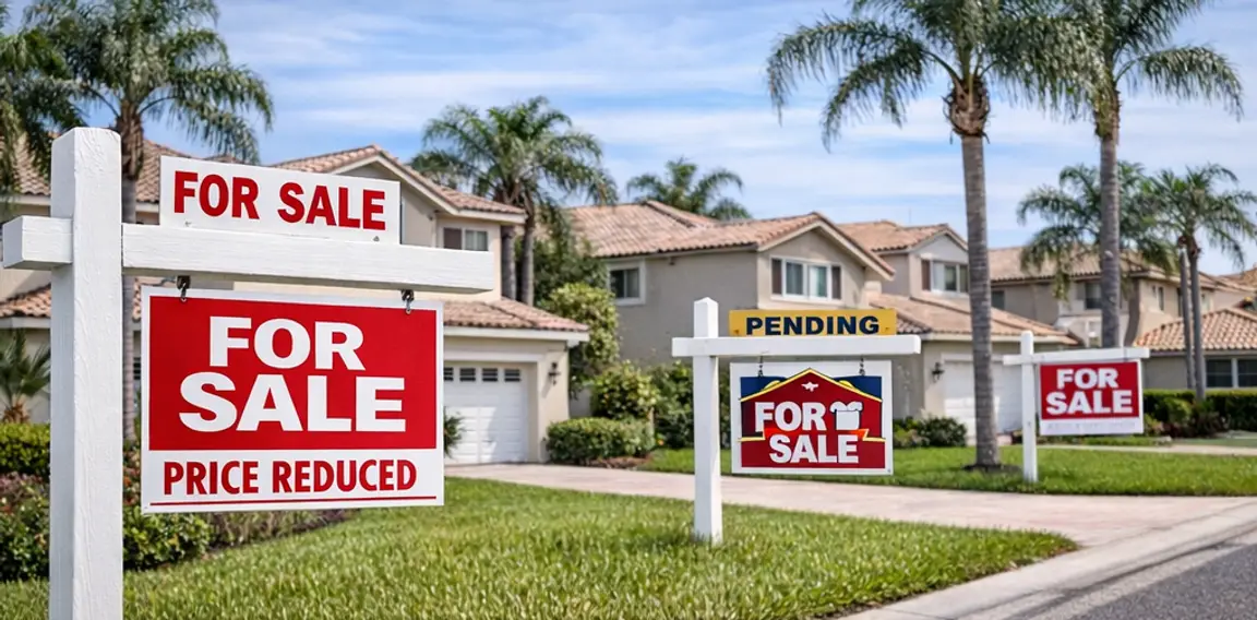 Florida homes showing price-reduced and pending sale signs.