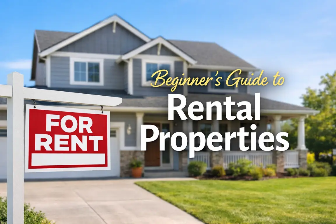 Modern house exterior with overlay text 'Beginner’s Guide to Rental Properties' for first-time real estate investors