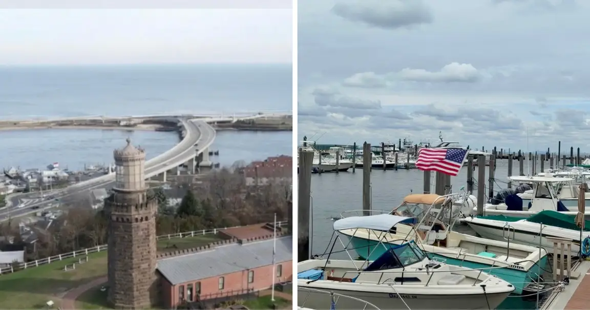 Twin Lights at Highlands, NJ & the marina in Atlantic Highlands, NJ