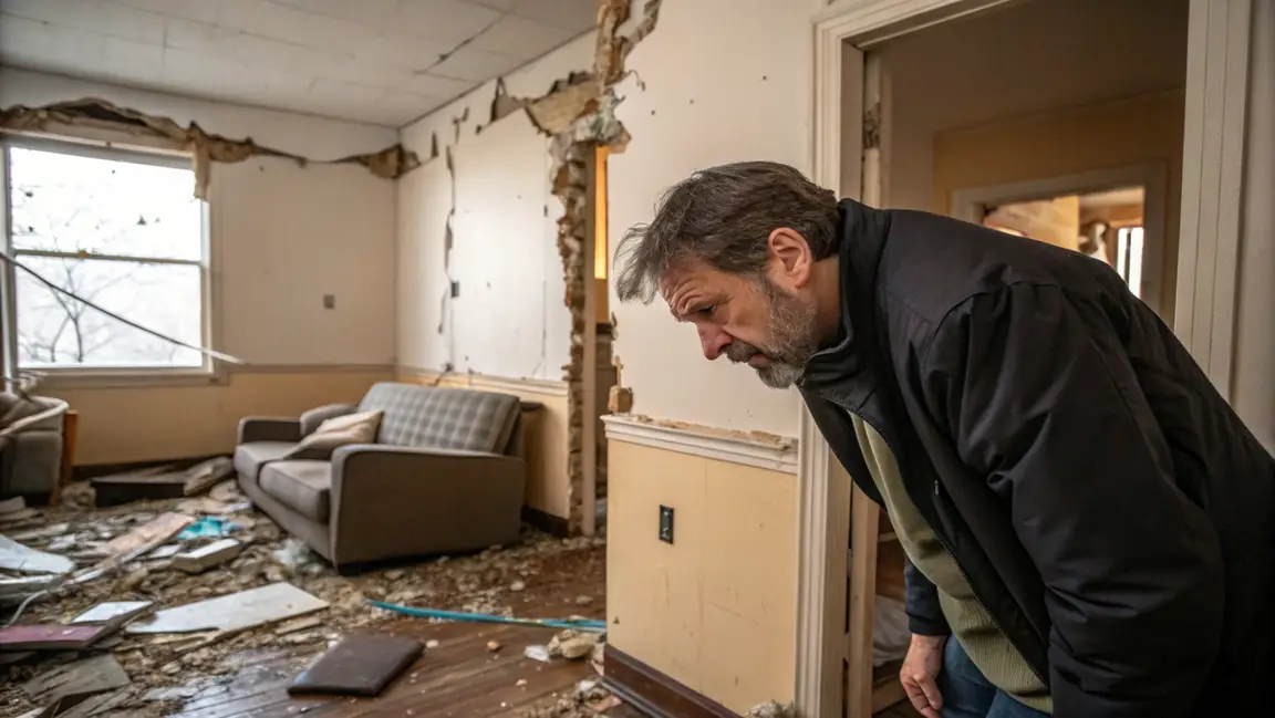 A man looking frustrated as he assesses the damage that a bad tenant did to their rental property