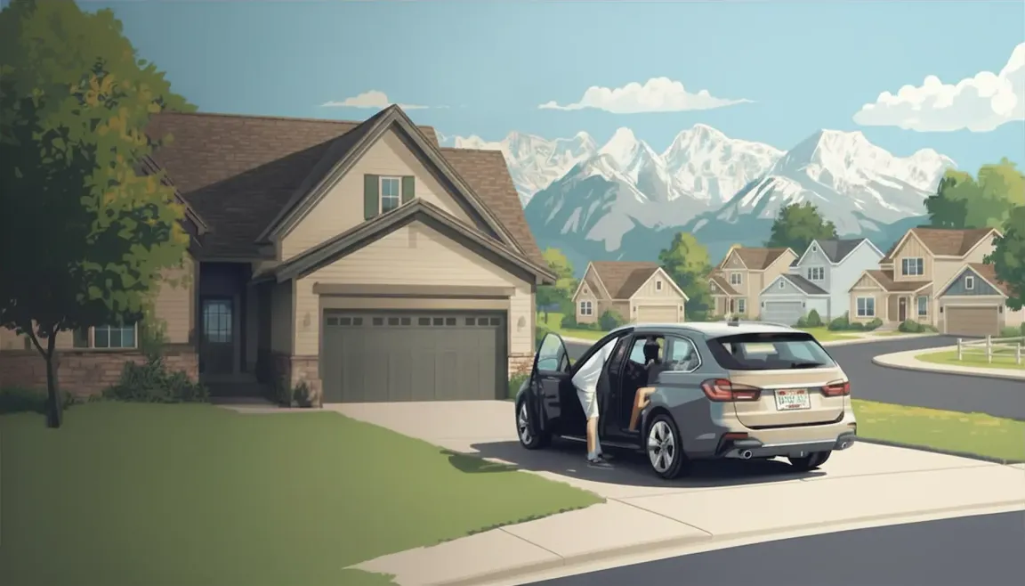 Salt Lake County homeowner loading belongings into car after selling their home for cash, with snow-capped Wasatch Mountains in the background