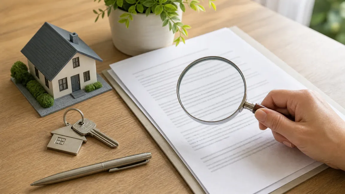 Buyer reviewing a real estate agreement with magnifying glass