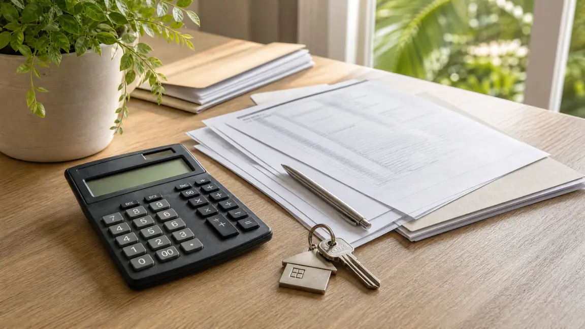Calculator, tax documents, and house keys for a Florida sale