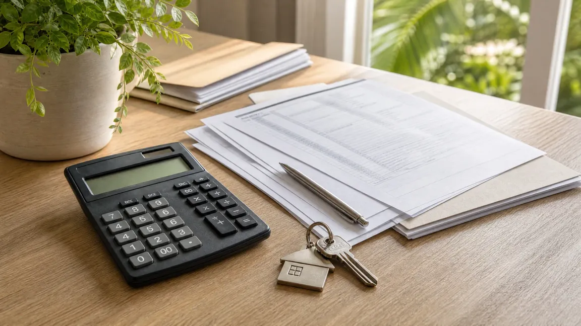Calculator, tax documents, and house keys for a Florida sale