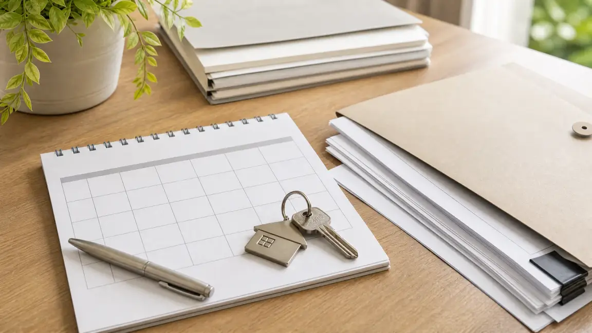 Calendar, house keys, and documents showing foreclosure timing