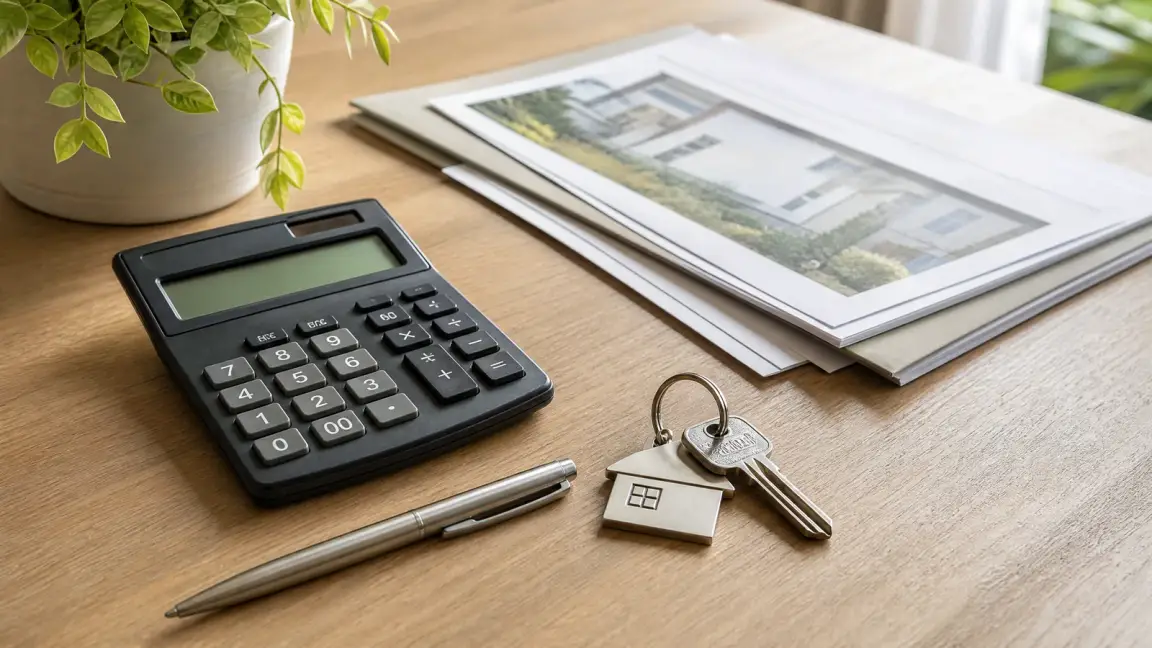 Calculator, house keys, and property evaluation paperwork