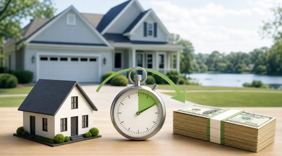 Illustration of a Bartram Park home, clock, and cash representing a faster home sale