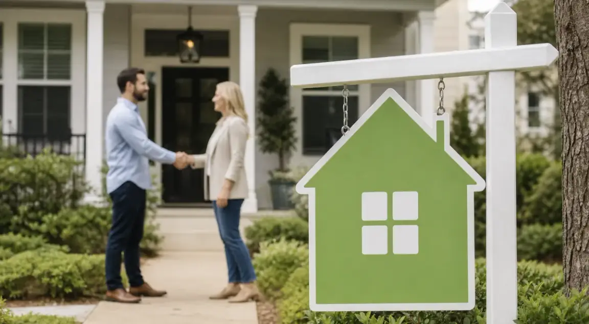 St. Johns County homeowners discussing a direct home sale beside a green house sign