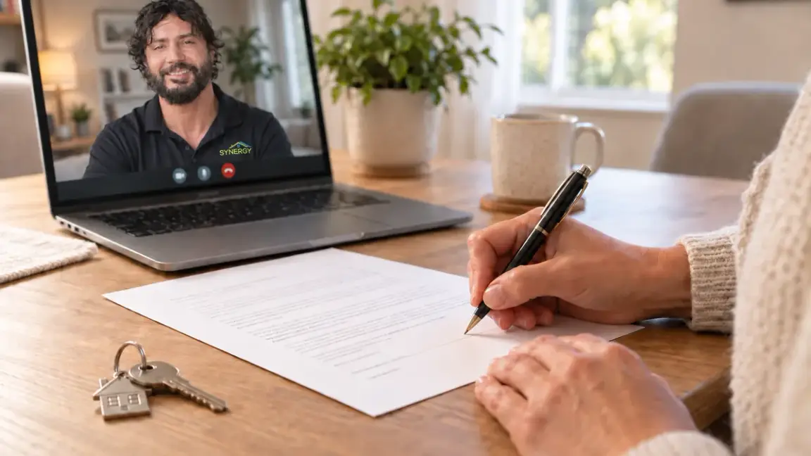 Jacksonville homeowner signing remote closing documents during a video call with Synergy
